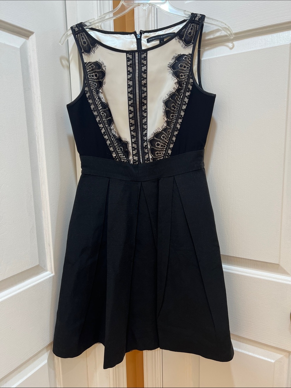 White House Black Market Black & Cream Lace-Panel Fit and Flare Midi Dress